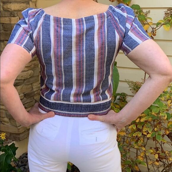 Drew linen, maroon/blue/white striped blouse, new, short sleeves, waist ties, S - Picture 8 of 8